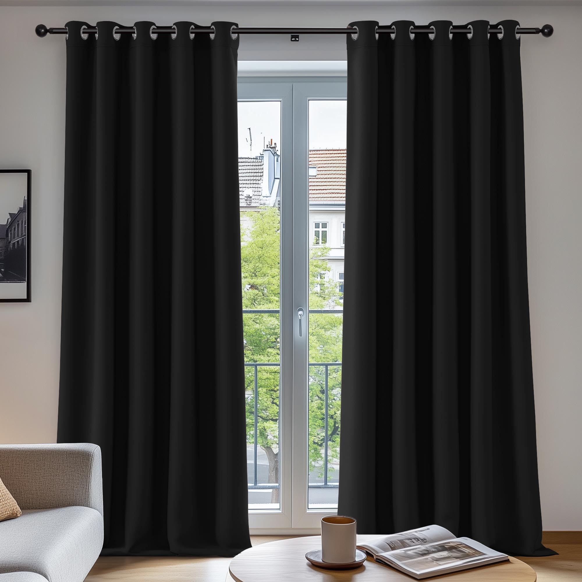 Deconovo Tende Oscuranti per Interni 2 Pezzi 229 CM Altezza, Termiche Isolanti, Anti-Rumore, con Anelli, Ideali per Camera da Letto e Soggiorno, 168x229 CM, Nero