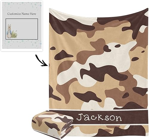 Miniatura 2 de Manta personalizada de camuflaje marrón militar con nombre, suave y acogedora manta de forro polar para sofá, cama, viajes, camping, senderismo,