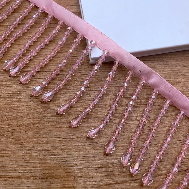2 Yards Handmade Beaded Hanging Tassel Fringe Trim, Crystal Beads Tassel Fringing Trimmings for Sewing Craft Clothing Accessories (Sky Blue)