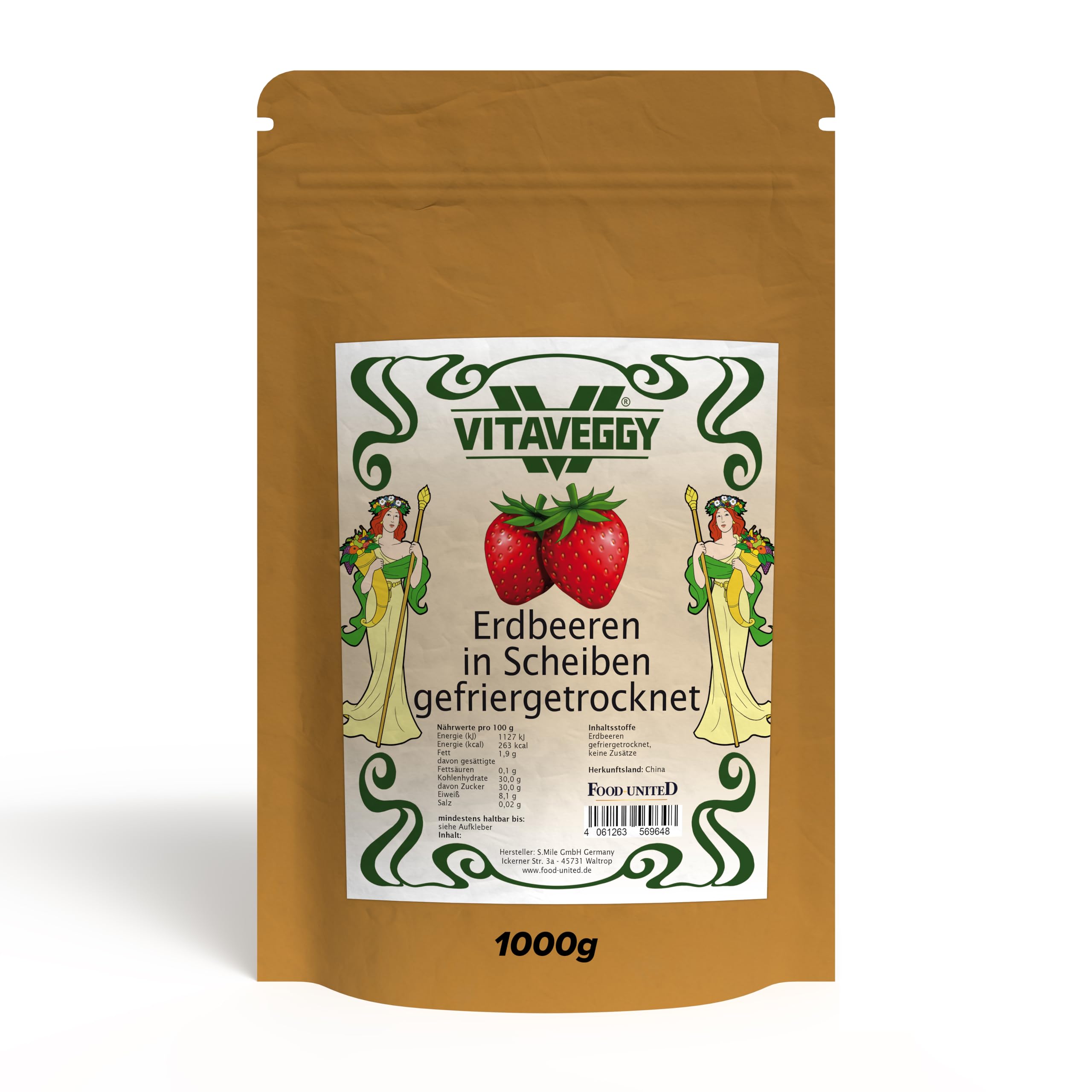 VITAVEGGY GEFRIERGETROCKNETE ERDBEEREN 1000g in Scheiben | getrocknete Erdbeeren von Food-United Trockenfrüchte - Trockenobst | ohne Zusatzstoffe | passend für Müsli Cerealien Joghurt Smoothies