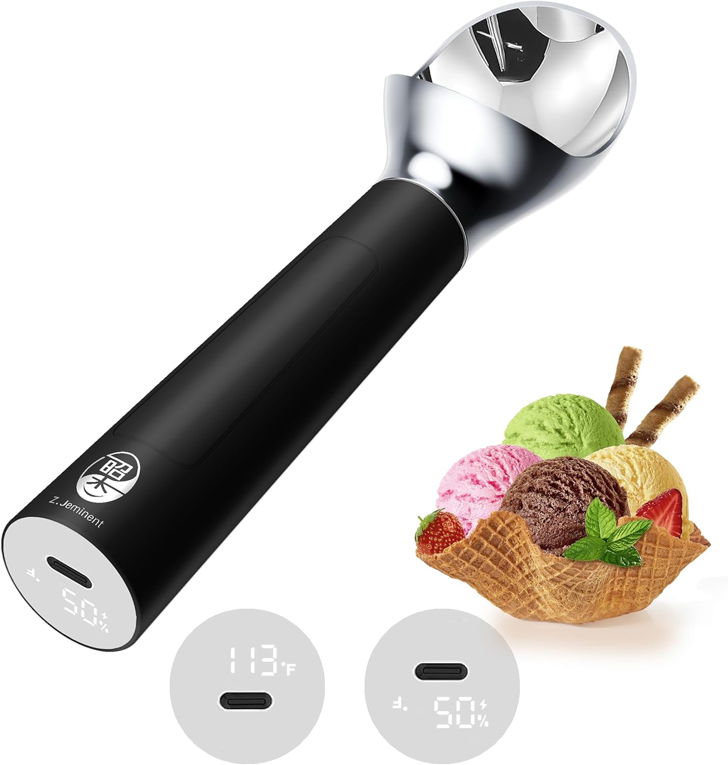 Active heating thermostatic ice cream scooper Easy Scooping for hard ice cream Rechargeable Battery NO Dishwasher IP67 WaterProof 2Oz per Scoop, Black