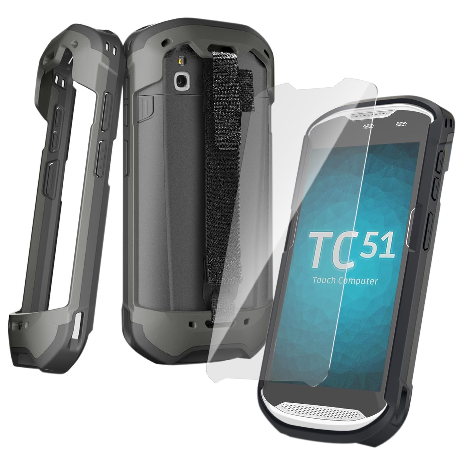 Upgraded Protective Case for Zebra TC51 TC52 TC56 TC57 TC510K Rugged Boot Case Cover for Zebra Scanner TC52x TC57x TC52ax with Hand Strap &amp; Tempered Glass (Black)