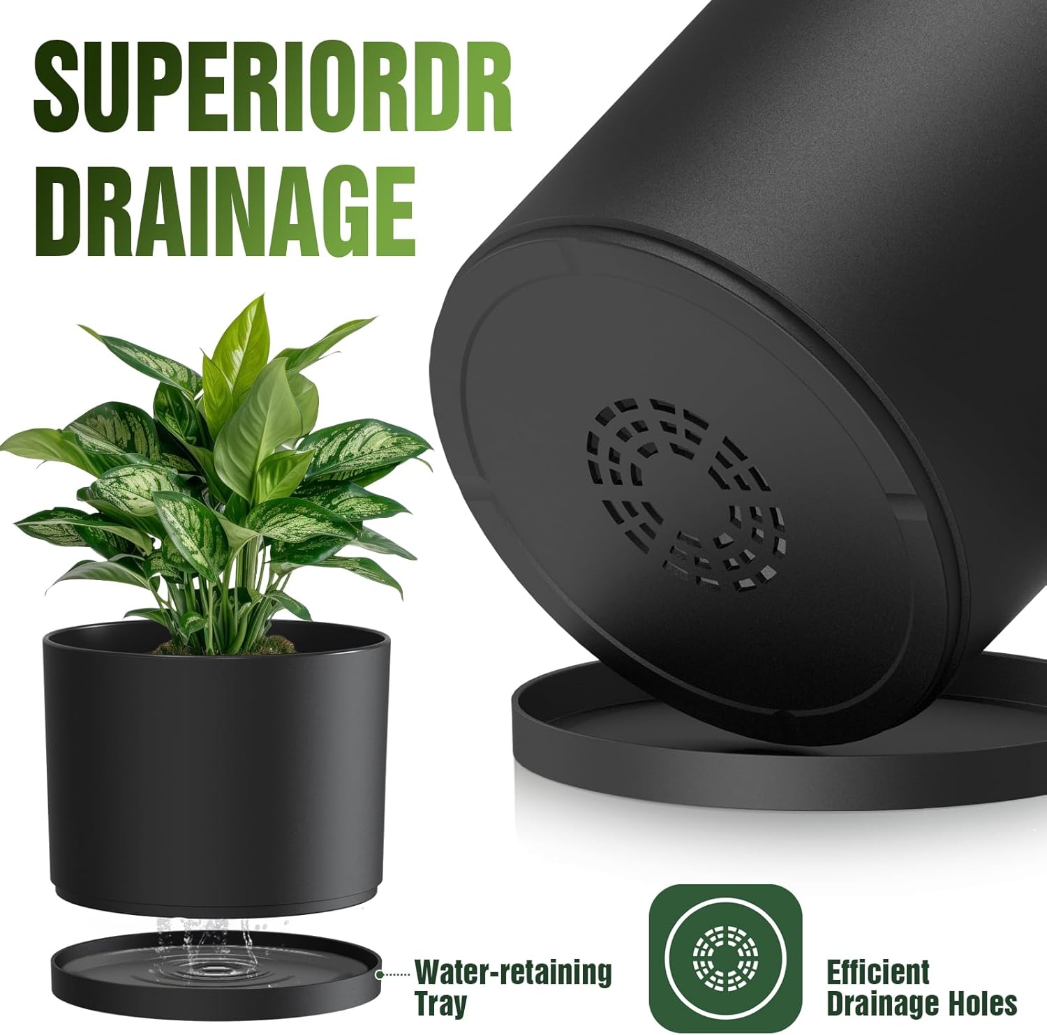 10/9/8 Inch Large Plant Pots with Drainage Holes and Trays, 3 Pack Modern Minimalist Cylinder Planters for Monstera, Snake Plant, Indoor Outdoor (Matte Black)