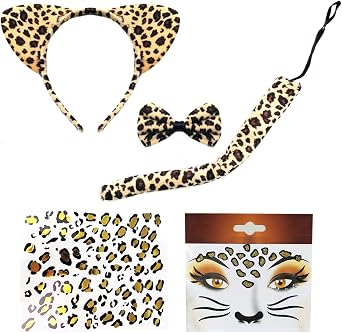 CBLUO 5 Pcs Halloween Leopard Cat Ears Headband Bow Tie Tail Temporary Face Stickers Tattoos Cat Hair Hoops Bands Women Bowtie Headpiece Hairband Cosplay Dress Up Masquerade Birthday Party Supplies