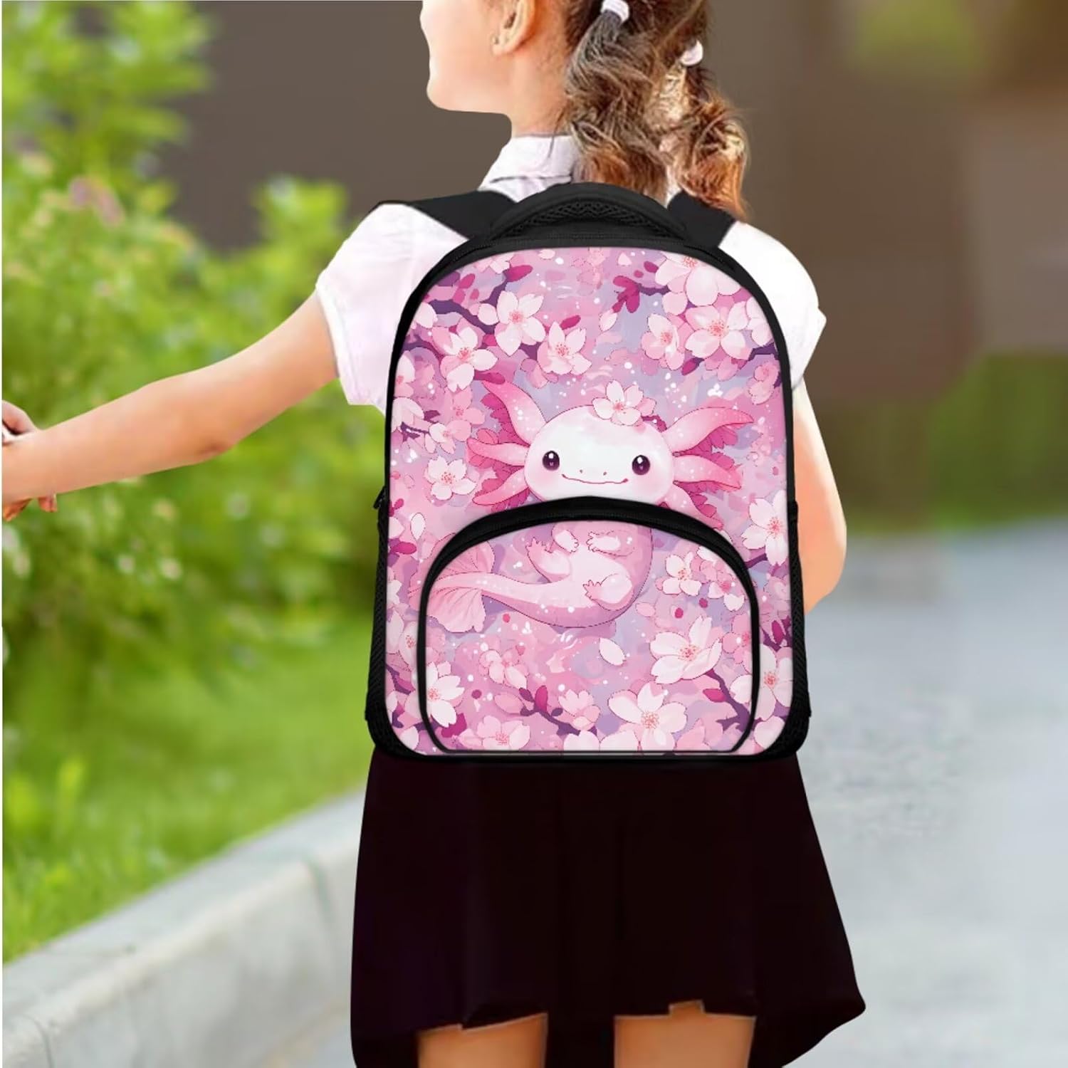 Cherry Blossom Axolotl Backpack for Girls Kids Backpack with Lunch Box and Large Pencil Case 3 Pcs Set 12" Sturdy Bookbag with Front Pocket Lightweight School Bag with Side Pockets for Toddler