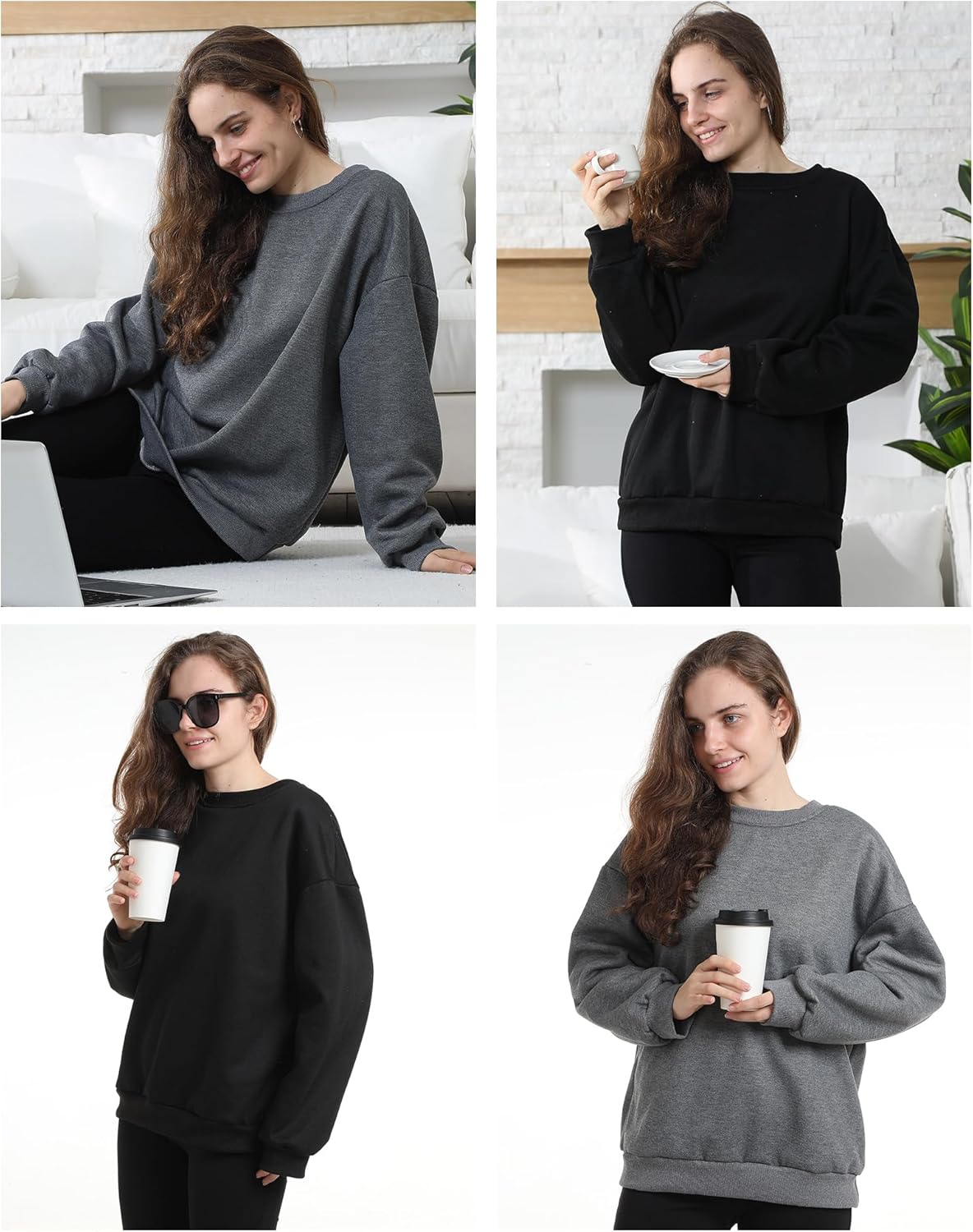 2 Pack Women's Sherpa Lined Sweatshirts Crewneck Fleece Pullover Long Sleeve Tops Winter Soft Sweatshirts no hood - Image 7