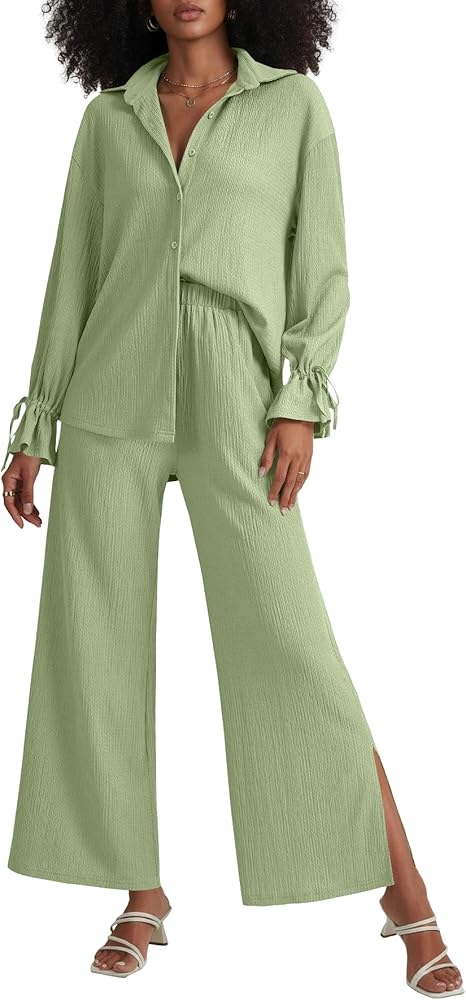Amazon.com: LYANER Women's 2 Piece Outfits Long Sleeve Button Down Shirt and Wide Leg Pants Set Bean Green X-Small : Clothing, Shoes & Jewelry Amazon.com: LYANER Women's 2 Piece Outfits Long Sleeve Button Down Shirt and Wide Leg Pants Set Bean Green X-Small : Clothing, Shoes & Jewelry