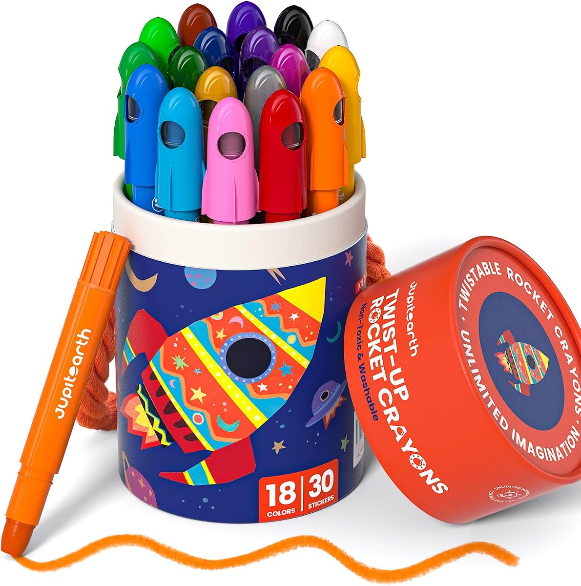 JUPITEARTH Silky Twist Crayons, 18 Colors Washable Crayons for Toddlers 1-3 | Non-Toxic Toddler Crayons with Storage Bucket, Easy-to-Hold & Unbreakable Washable Crayons for Toddler Coloring