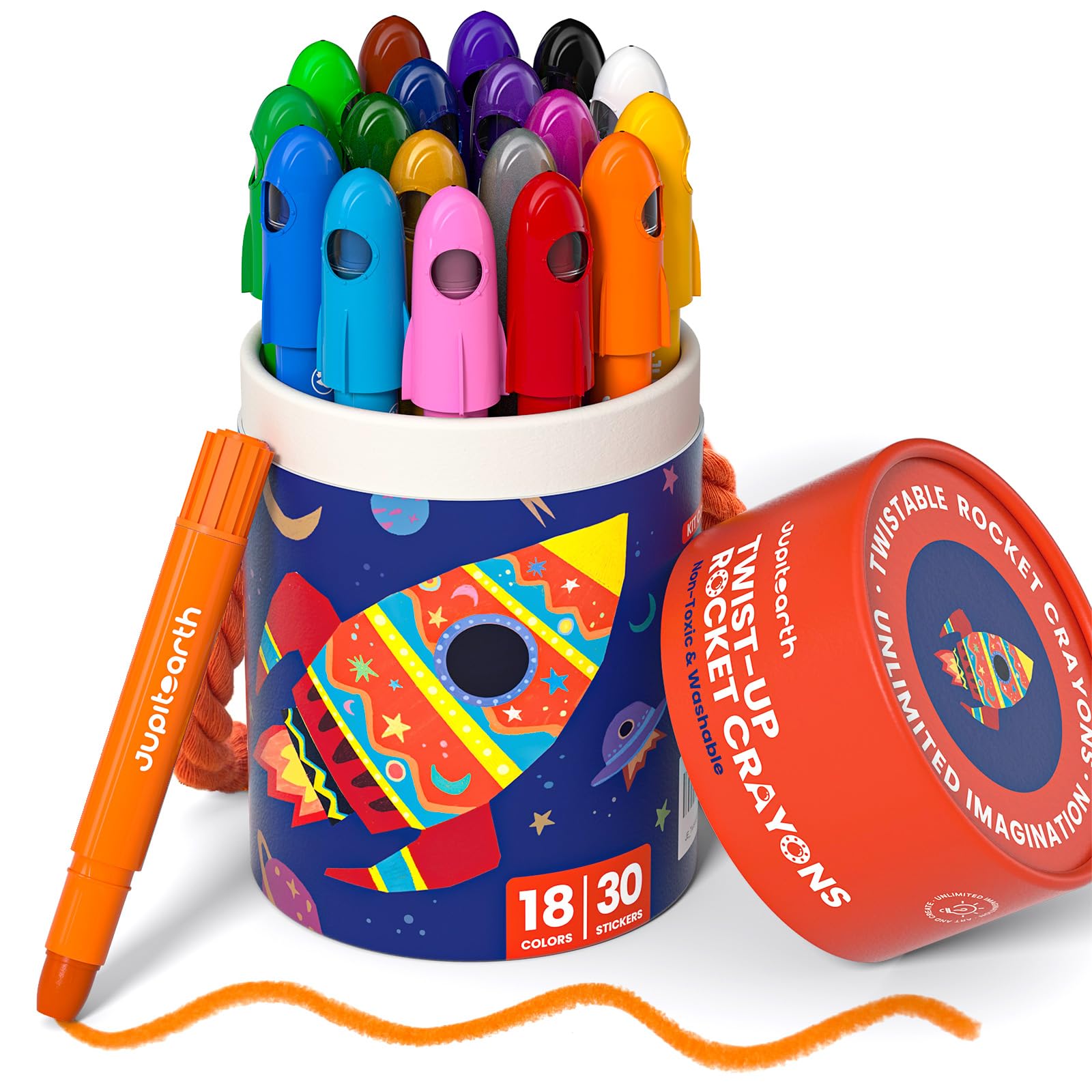 JUPITEARTH Silky Twist Crayons, 18 Colors Washable Crayons for Toddlers 1-3 | Non-Toxic Toddler Crayons with Storage Bucket, Easy-to-Hold & Unbreakable Washable Crayons for Toddler Coloring