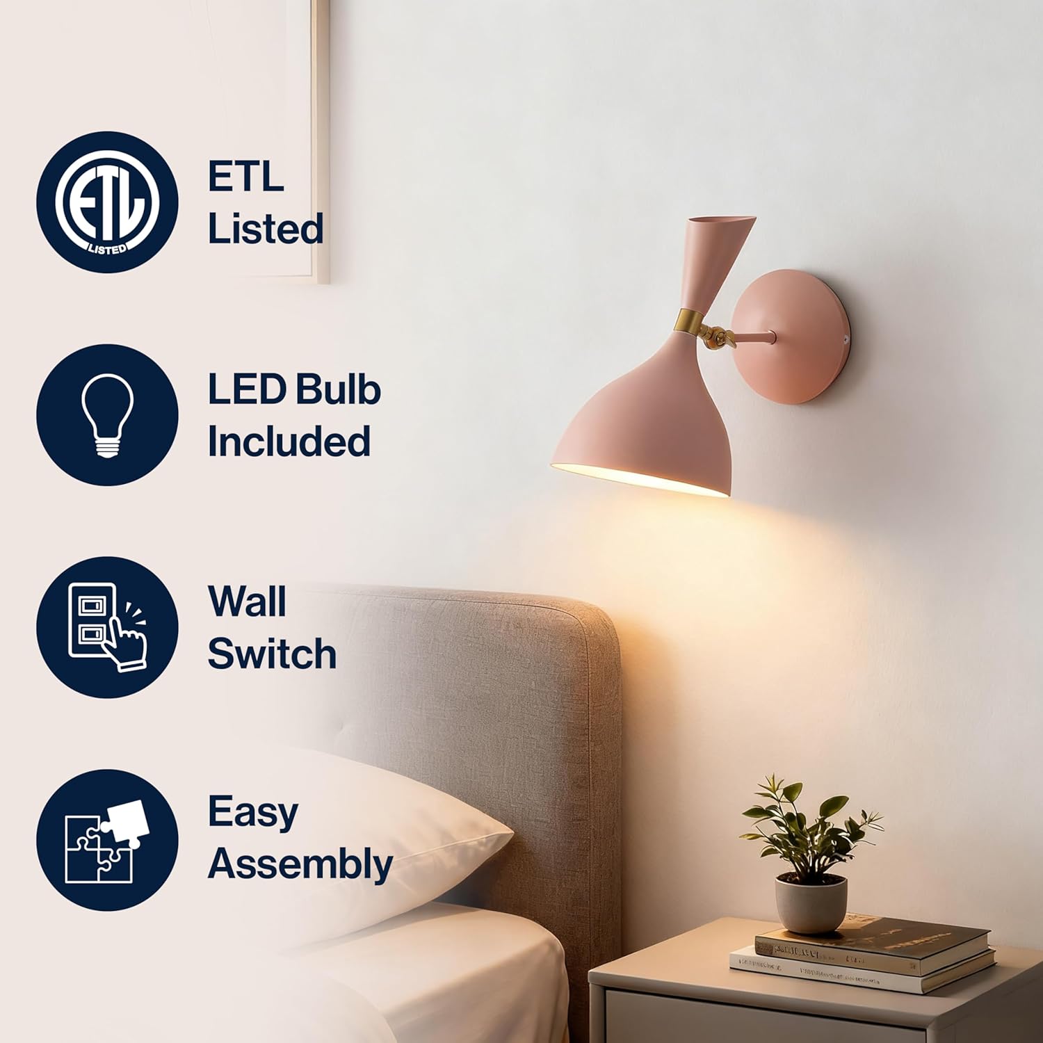 JONATHAN Y 10" Pink/Brass Gold Modern LED Wall Sconce, Retro Iron Lamp for Bedroom, Bathroom, Hallway, Adjustable Mid-Century Fixture with Black Iron Shade, LED (JYL9066E)