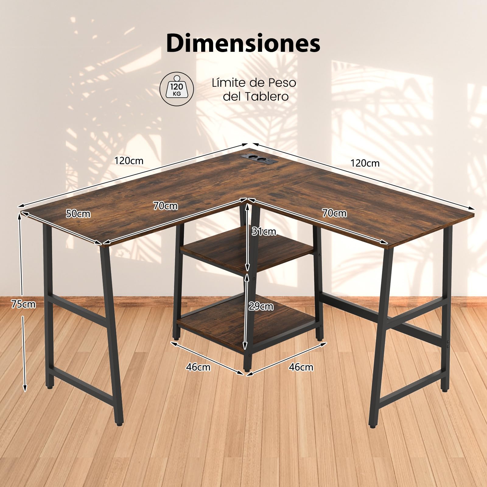 COSTWAY Escritorio Esquinero 120 x 120cm, Tomas de Corriente y Puertos USB, Escritorio en L con 2 Estantería, Estructura de Metal, Mesa Gaming L Oficina Casa (café)