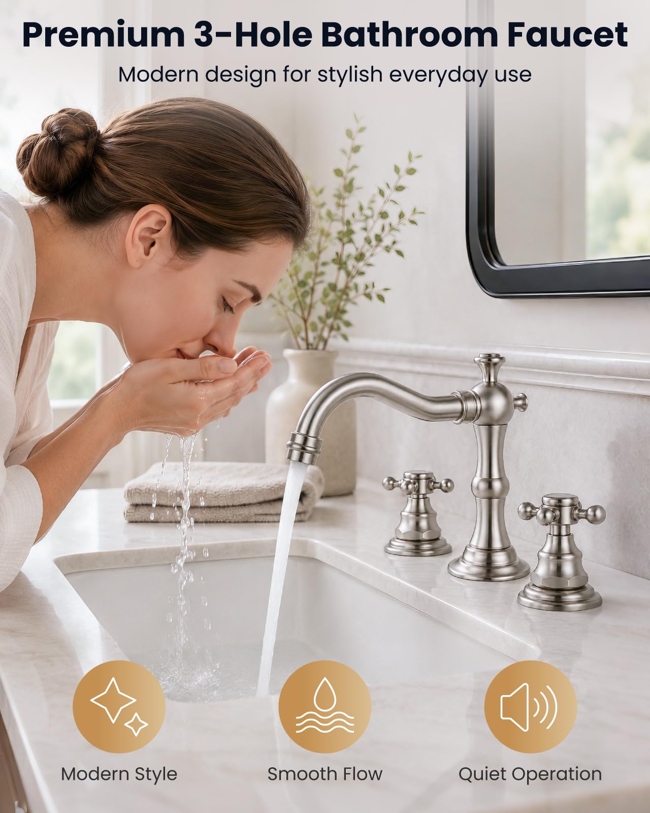 gotonovo Rubinetto per lavabo da bagno a 3 fori con doppia maniglia a croce rubinetto miscelatore per lavabo da bagno rubinetto per lavabo acqua calda fredda abbinata scarico pop-up nichel spazzolato
