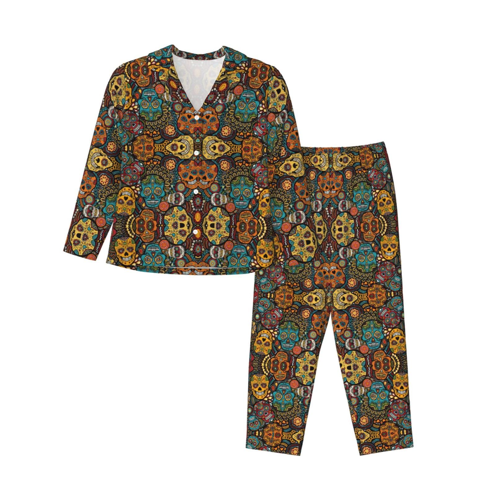 Colorato Zucchero Teschi Stampa Donne Manica Lunga Pigiama Set Daily Lounge Sleepwear Due Pezzi Soft Nightwear Wear