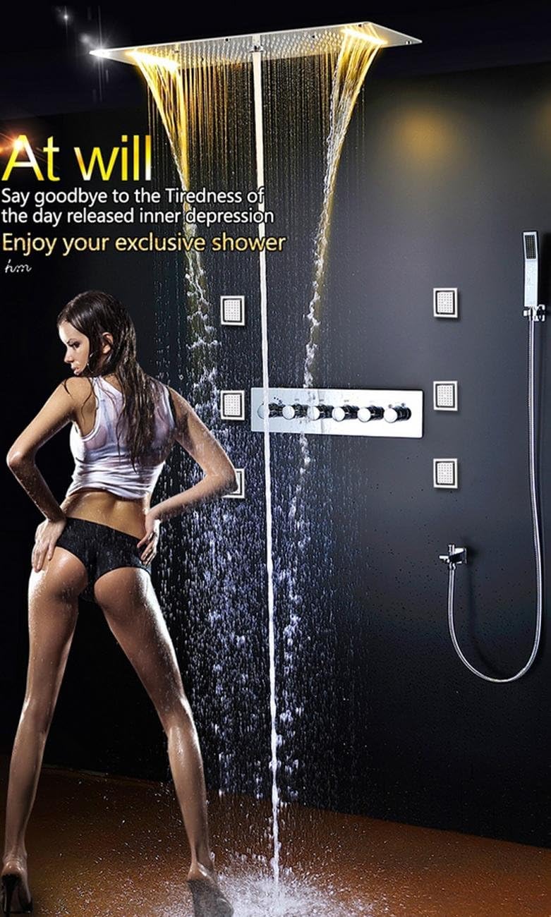 ONLT Concealed Shower Thermostatic Faucets SUS304 With Embedded Ceiling LED Shower Head 380x700mm Rainfall Mist Spout 4'' Body Jet