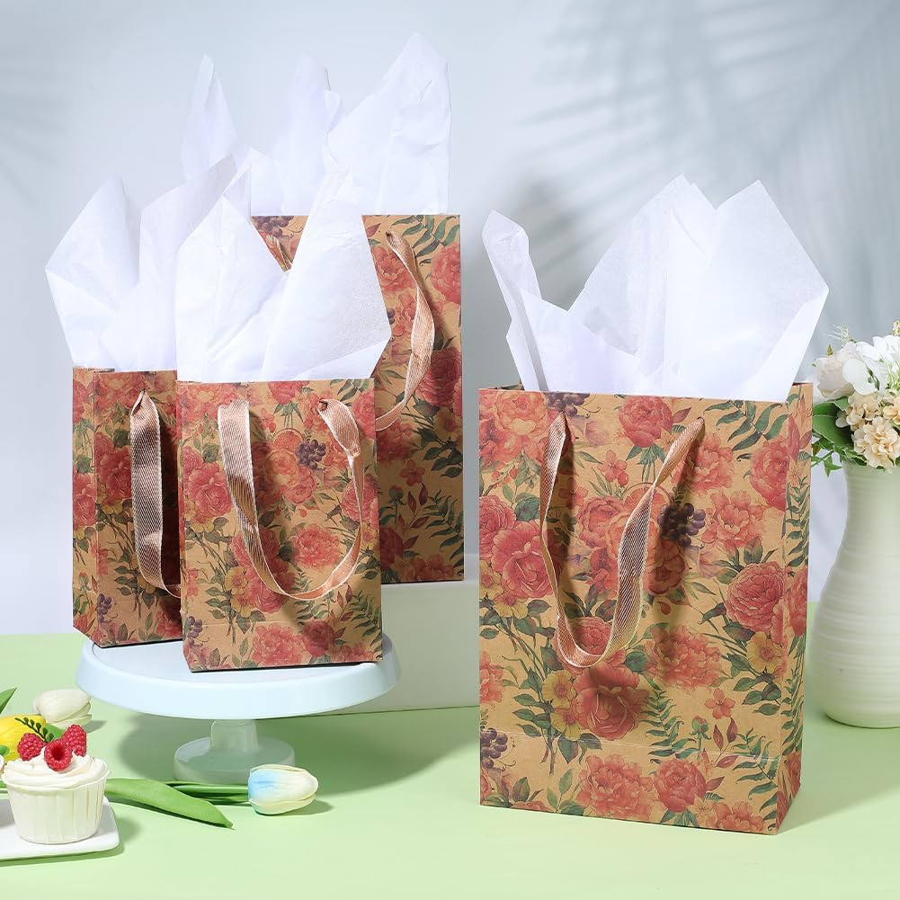 Beebeecraft 8Pcs 2 Sizes Floral Paper Bags with Handles 8x4x11/5x2x7 Inch Kraft Bags with Tissue Vintage Wildflower Print for Wedding Birthday Party Favor Treat Gift - Image 3