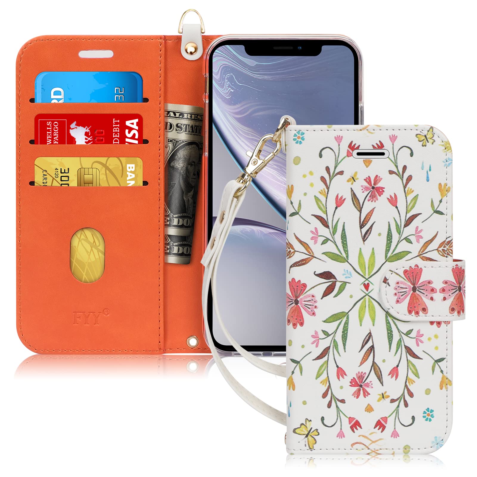 FYY Luxury PU Leather Wallet Case for iPhone XR, [Kickstand Feature] Flip Phone Case Folio Protective Shockproof Cover with [Card Holder][Wrist Strap] for Apple iPhone XR 6.1" 2018 Spring
