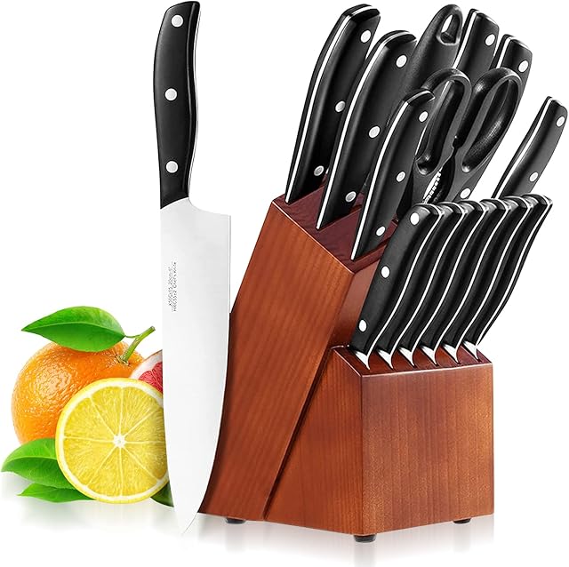 Vistreck Knife Set, 15 Pieces Kitchen Knife Set with Block Wooden, Germany High Carbon Stainless Steel Professional Chef Knife Block Set, Ultra Sharp, Forged, Full-Tang Design