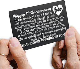 FTONENI Happy 1st Anniversary Card Gifts for Him, Engraved Metal Wallet Insert Card, First 1 Year Wedding Anniversary Card for Husband Men