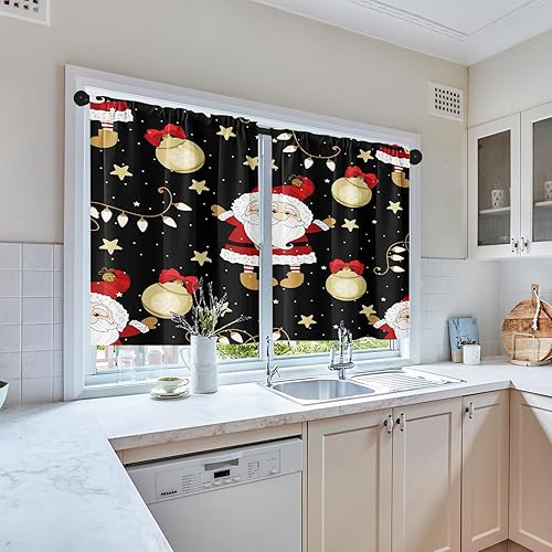 Miniatura 6 de Tayney Juego de 2 cortinas de cocina de Navidad con Papá Noel para ventana sobre el fregadero, cortinas cortas negras de Navidad para cocina,