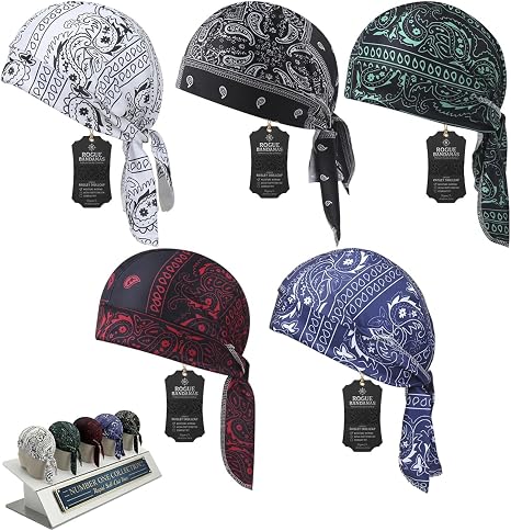 5 Pack Cooling Bandanas for Men Set Cool Head Wrap Scarf Pirate Headband Breathable Elastic Bandana Cycling Motorcycle Black
