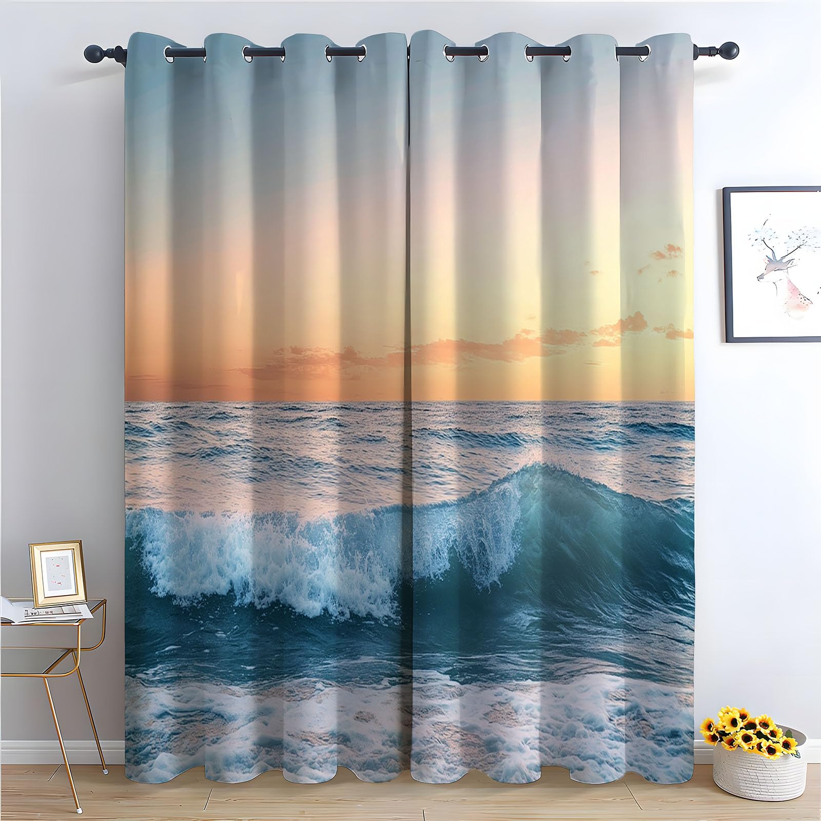 WIKEO Floral Blackout Curtains for Living Room Bedroom Ocean Landscape pattern Eyelet Curtain Botanical Thermal Insulated Noise Reducing Drapes Window Treatment-52 W x 96" L (Pack of 2)