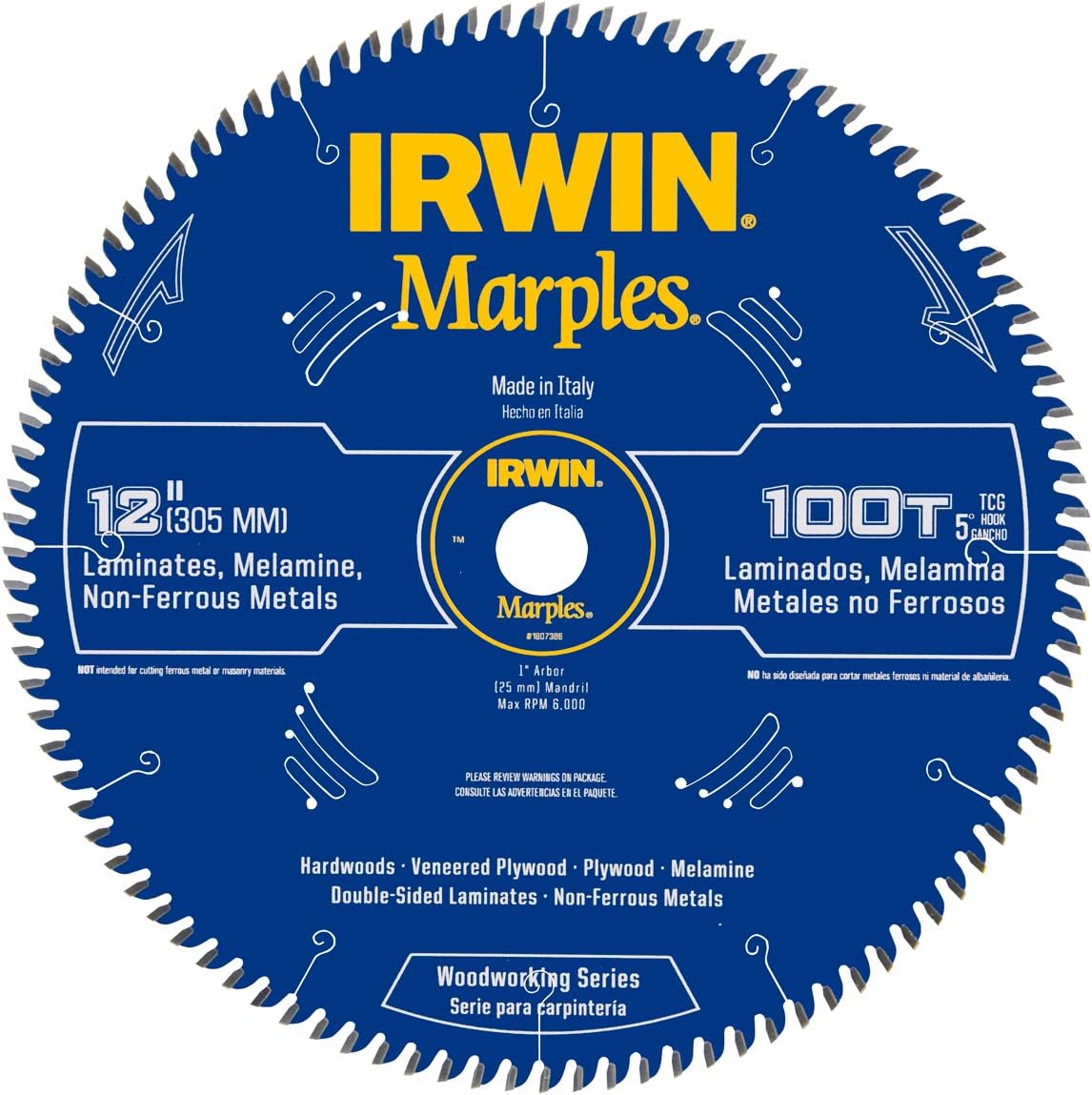 Irwin Tools IRWIN Marples 12-Inch Miter Saw Blade, Fine Finish Carbide Blade, 100-Tooth, for Laminate, Wood and Non-Ferrous Metal Cutting (1807386)