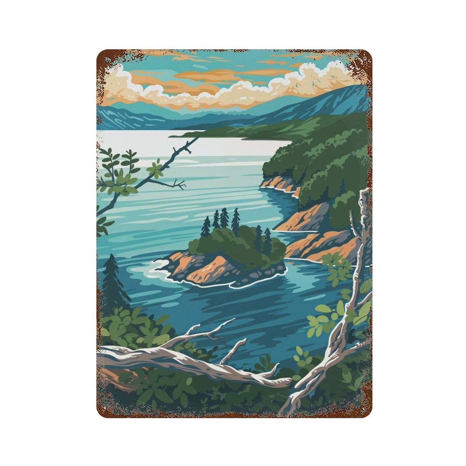 Baikal Lake Landscape Rustic Tin Plaque 15.7"x11.8", for Shed, Workshop And Garage Wall Decor, Rustic Home Decor