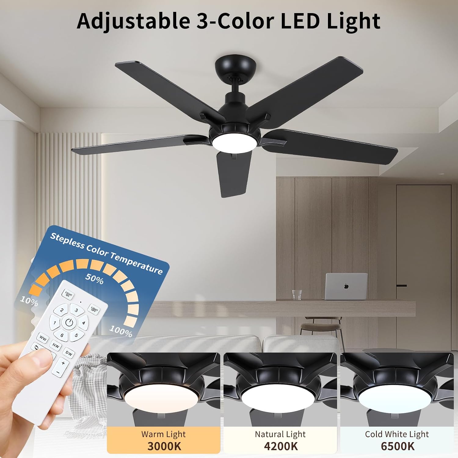 52 Inch Ceiling Fans with Lights: Black 5 Blades Ceiling Fan with Light and Remote for Bedroom Living Room Dining Room Patio, LED Dimmable 6 Speeds Reversible Quiet DC Motor