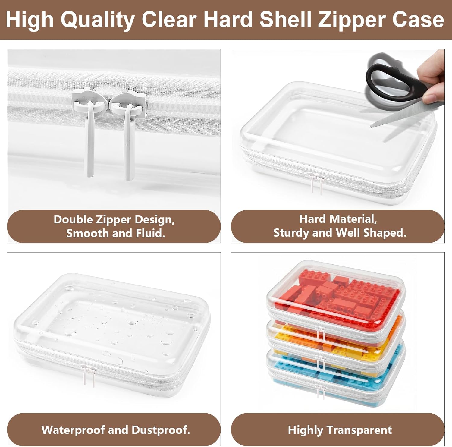 HOUYEE 3 Pack Clear Hard Shell Zipper Case (Large), Hard Plastic Organizer Pouches for Toys Storage,Travel,Small Items,Makeup,Transparent & Waterproof Storage