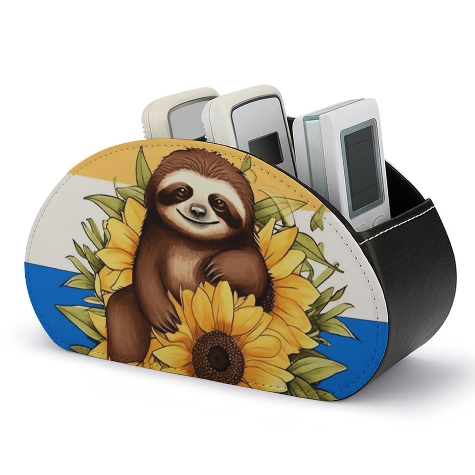 Cartoon Sloth Sitting on Sunflower Remote Control Holder with 5 Compartment Organizer Box, Leather TV Remote Holder Organizer Caddy for Table, PU Leather Remote Box for Nightstand Office Desk Storage