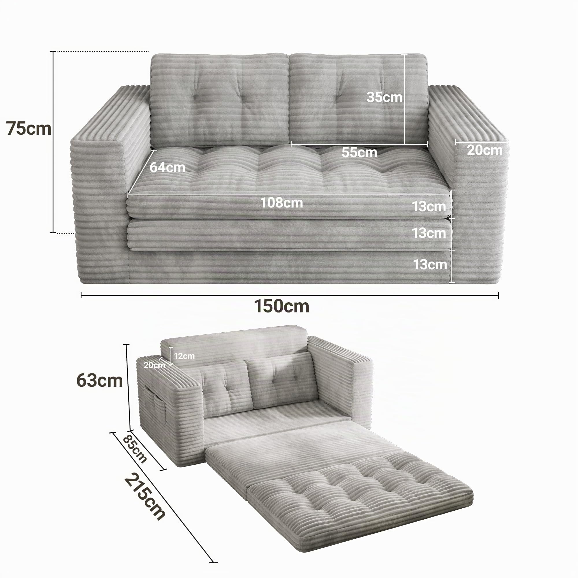 Xbro Sofa Cama 2 Plazas, Sillón Cama Convertible 3 en 1, Sofa Comprimido para Sala de Estar, Tela de Pana, 150 x 86 x 75cm, Gris Claro
