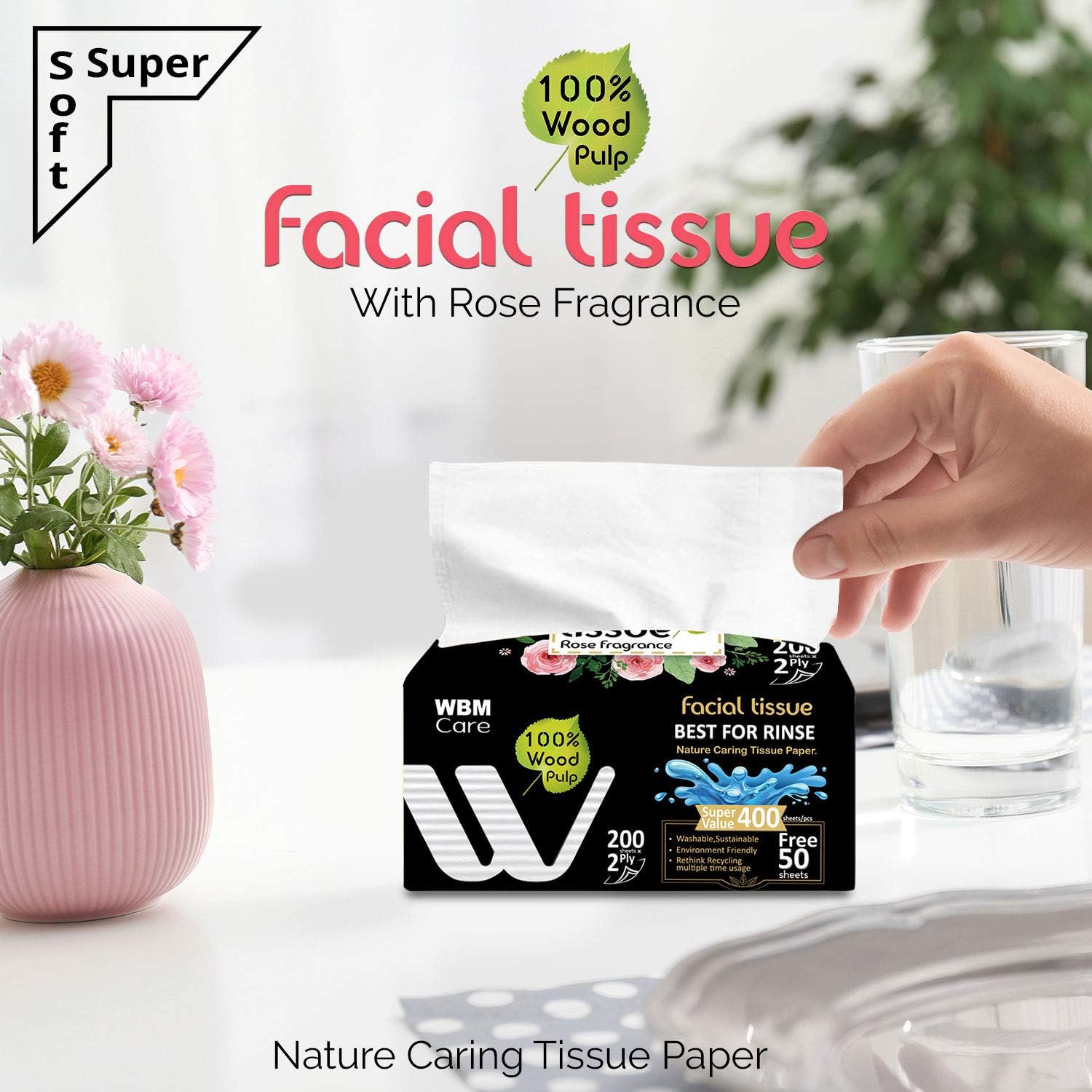 WBM Care Professional Facial Tissues with Rose Fragrance - 10 Boxes per Case, 200 Sheets Each, Pack of 10 - Ultra-Soft, White Tissues for Gentle Care