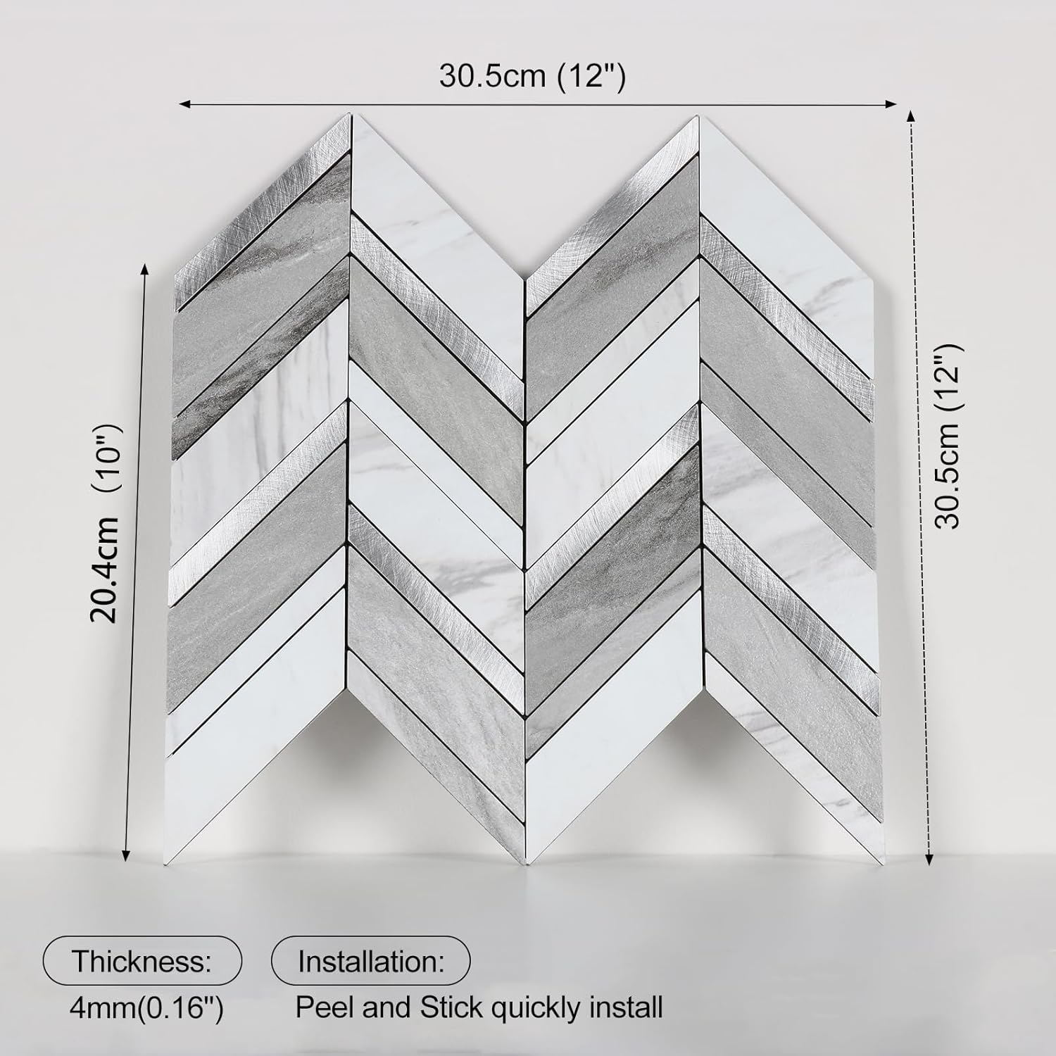 Yipscazo 10-Sheet Herringbone Peel and Stick Backsplash for Kitchen Walls,Heat Resistant White Gray Stone Mixed Metal Stick on Backsplash Tiles,Waterproof Peel and Stick Tile for Bathroom&Shower