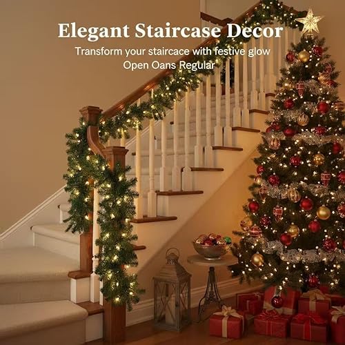 Miniatura 6 de Decoraciones navideñas gruesas preiluminadas, 9 pies con 220 ramas de cedro, 30 luces. Guirnalda verde artificial para decoración navideña de