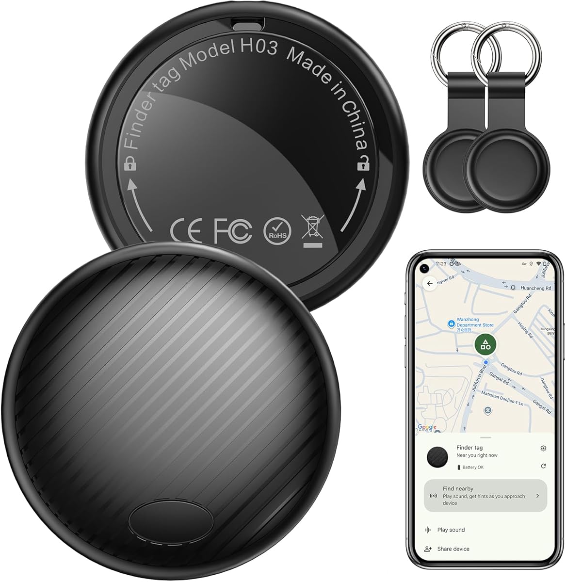Android Tracker Tag 2 Pack, Smart Tag Bluetooth Key Finder Work with Google Find My (Android Only), Item Locator for Luggage, Bags, Wallet, Replaceable Battery, Black