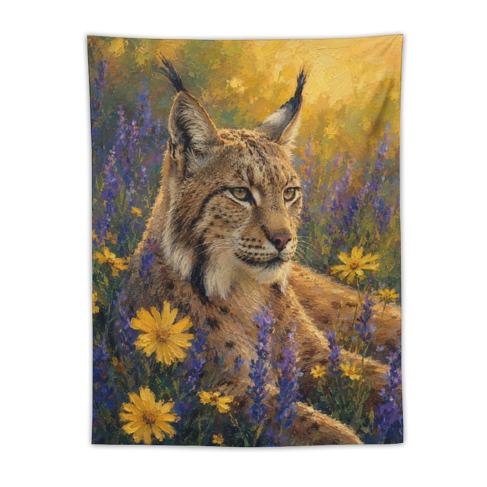 W7C8U2X3 Lynx in Wildflowers Wall Tapestry, Oil Painting, Wildlife Portrait