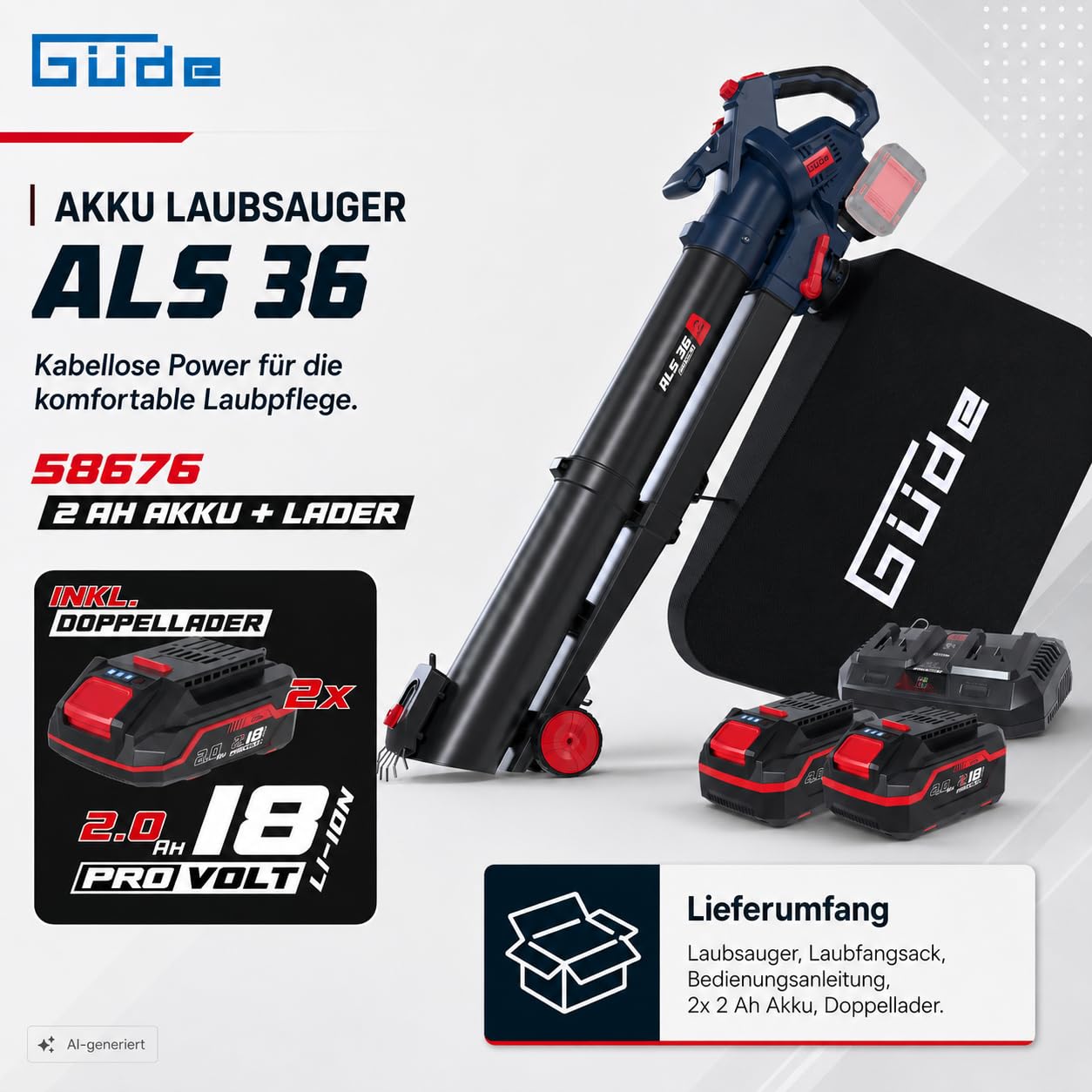 Güde Akku Laubsauger ALS 36-202-30-2 Stück 2 Ah Akkupack, Doppelladegerät | Saugen, Blasen, Häckseln, Vario-Speed mit Turbo, Blätterkralle, Reinigungsklappe, einstellbare Fahrrollen, 45 Liter Fangsack