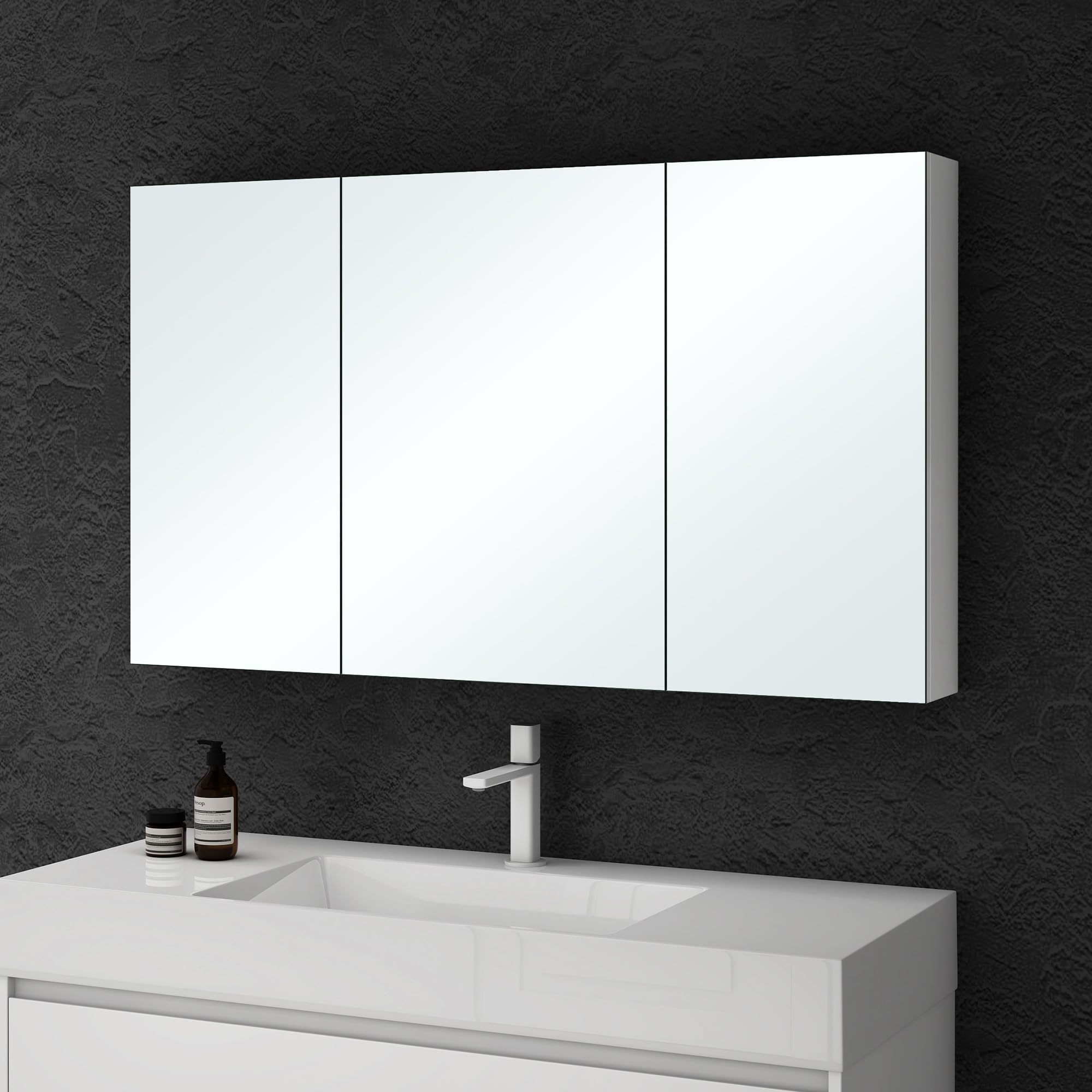 doporro Armadietto a Specchio 120x15x70cm, Specchio da Parete con 3 Ante in Legno Bianco Opaco Spiegelschrank 02