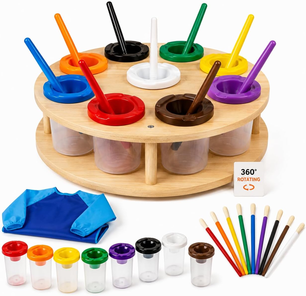 9 Pcs No Spill Paint Cups with Lids for Kids, Spill Proof Paint Cups with Rotating Holder, Paint Brush, Kids Art Smock Included, Painting Supplies for Classroom, Preschool