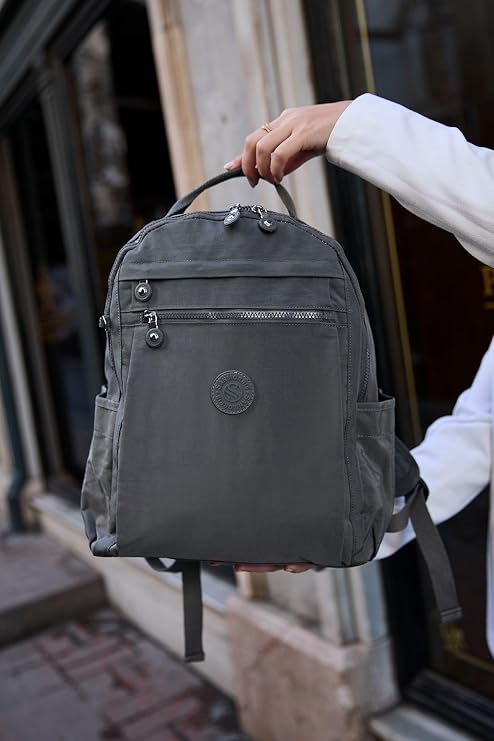 Unisex Suya Dayanıklı Krinkıl Kumaş Çok Gözlü Koyu Gri Laptop Okul Ve Sırt Çantası