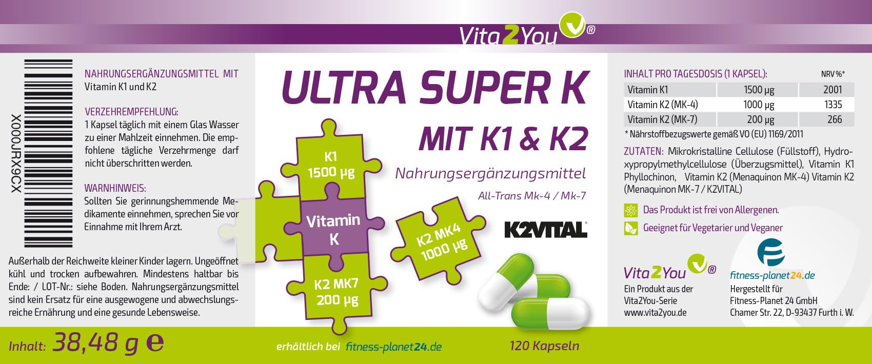 Vita2You Ultra Super K - 3 Vitamin K Formen - 120 Kapseln - Vitamin K2 und K1 - MK4 & MK7 - K2VITAL - Hochdosiert - Premium Qualität