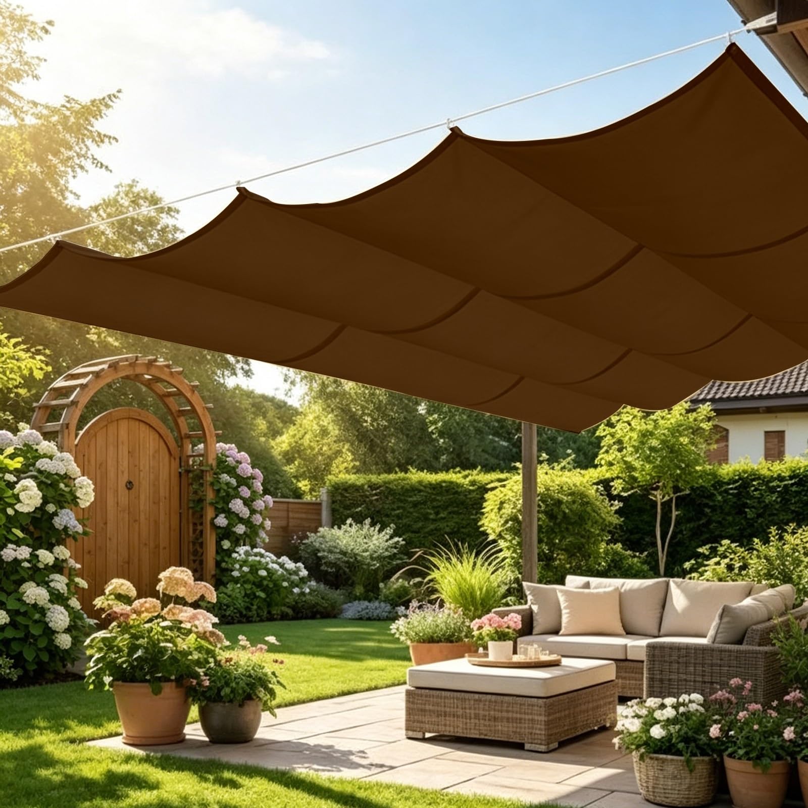 Toile tendue 180G M² marron haut de gamme avec voiles d'ombrage rétractables en vagues