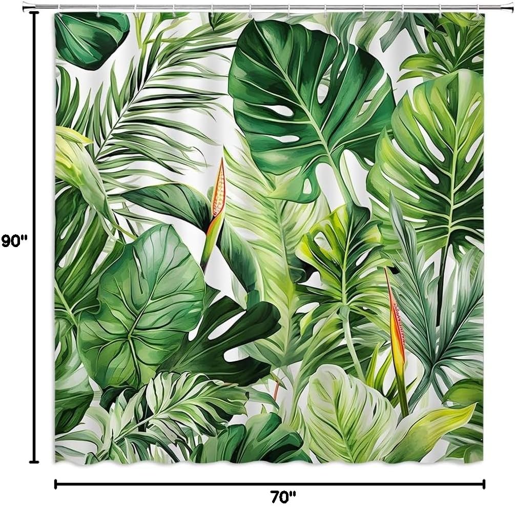 Tropical Green Leaves Shower Curtain Palm Leaf Monstera Banana Jungle Watercolor Plant Bathroom Decor Curtains Set with Hooks, 90" W x 70" H