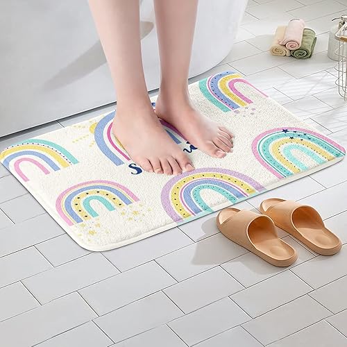 Miniatura 2 de Erosebridal Alfombra de baño arcoíris de 16 x 24 pulgadas, tapete de baño de arcoíris pastel, alfombra de área de vellón arcoíris con estrellas