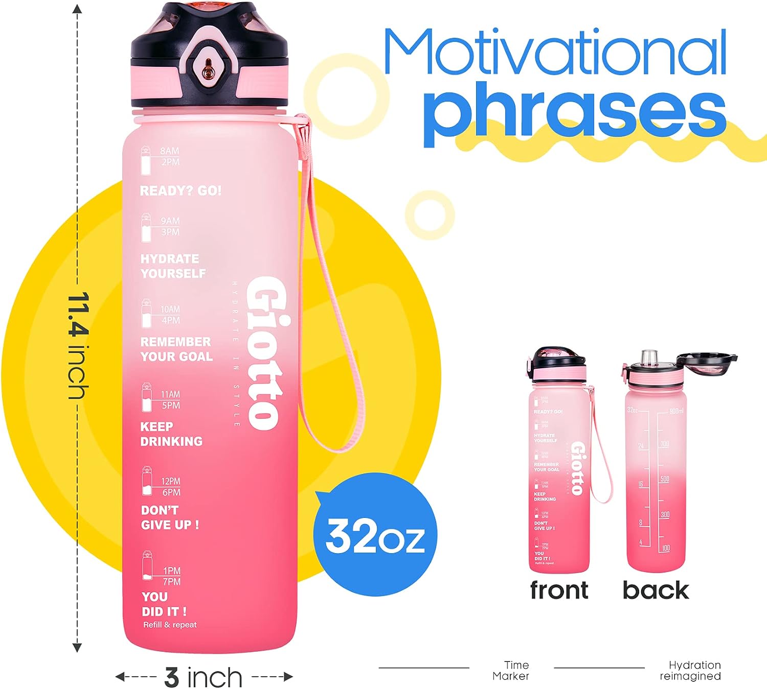 Giotto 32oz Motivational Water Bottle with Time Marker & Removable Strainer, Leakproof Fast Flow BPA Free Water Jug to Remind You Drink More Water and Hydrate in Style