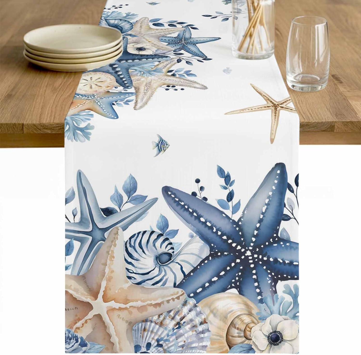 Blue Starfish Coastal Table Runner 120 Inches Long, Nautical Shell Farmhouse Dress Scarves, Eucalyptus Summer Ocean Dining Tablerunner for Coffee Table/Kitchen Island/Party Décor, 13" x 120"