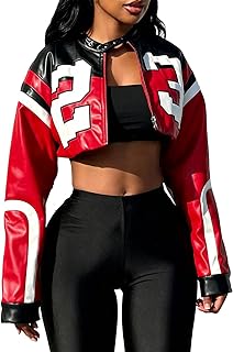 VOIKERDR Leather Jacket Cropped Jacket Motorcycle Jacket Y2K Letter Bomber Jacket Women Faux Leather Jacket Streetwear