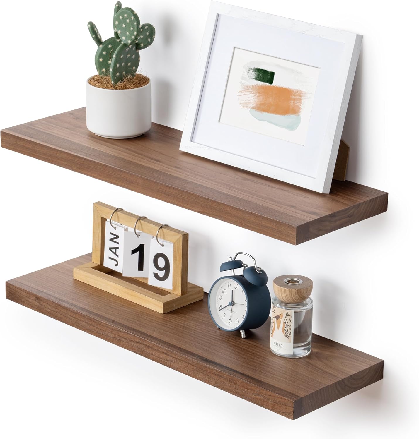 Axeman Walnut Floating Shelves | 24 Inch Solid Wood Wall Shelves Set of 2 | 24W x 8D Rustic Natural Wooden Wall Decor for Living Room, Bedroom, Kitchen