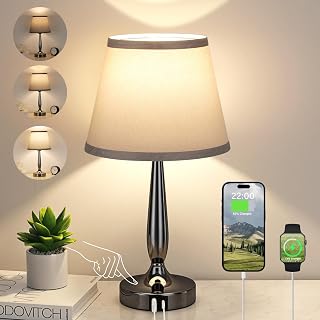 Kakanuo Touch Bedside Table Lamp with USB-A & USB-C Ports, 3-Way Dimmable, Grey Shade, LED Bulb Included