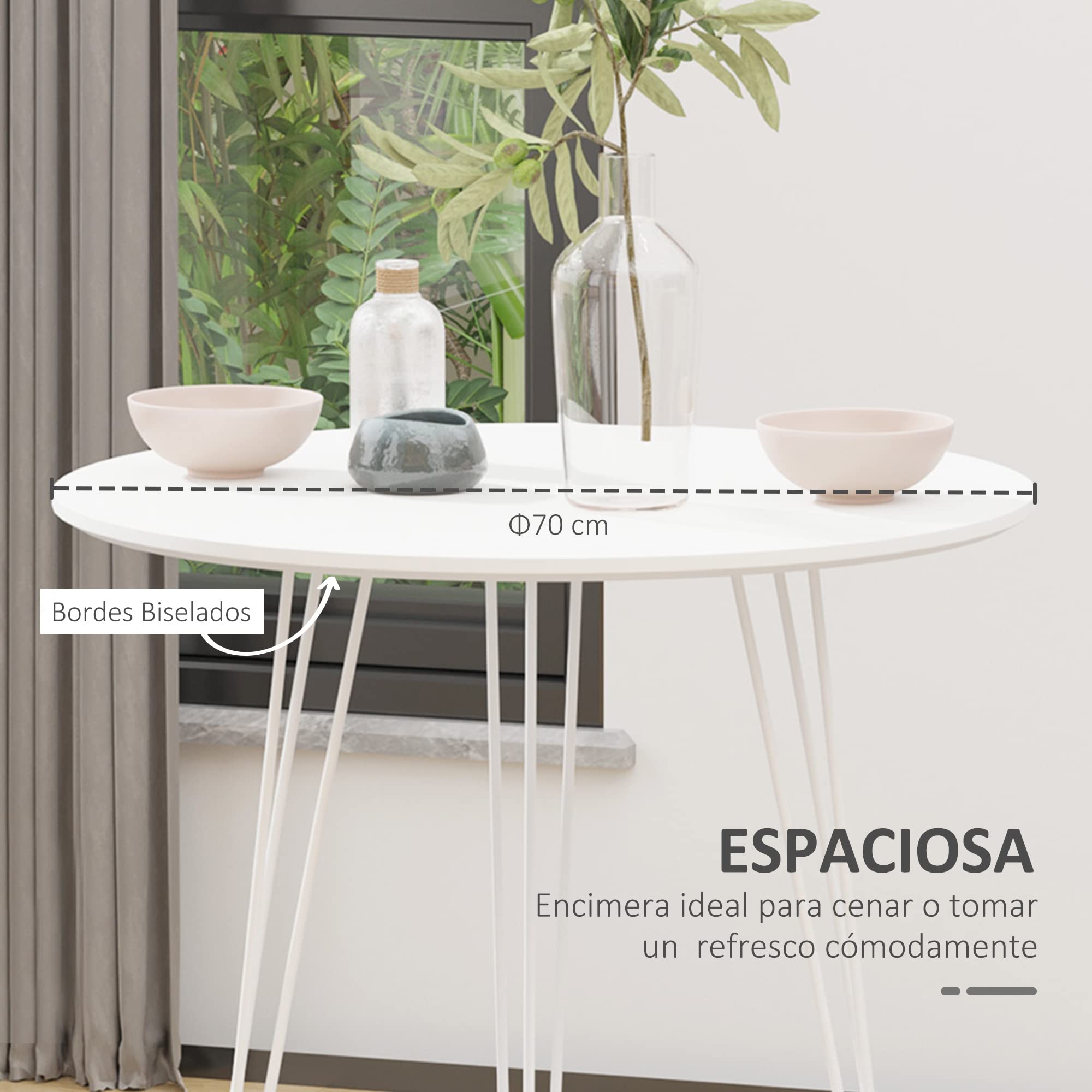 HOMCOM Mesa de Comedor Redonda con Patas de Horquilla Ø70x75 cm Blanco | Metálicas, Estilo Moderno Nórdico, para Cocina Salón Cafetería Bar